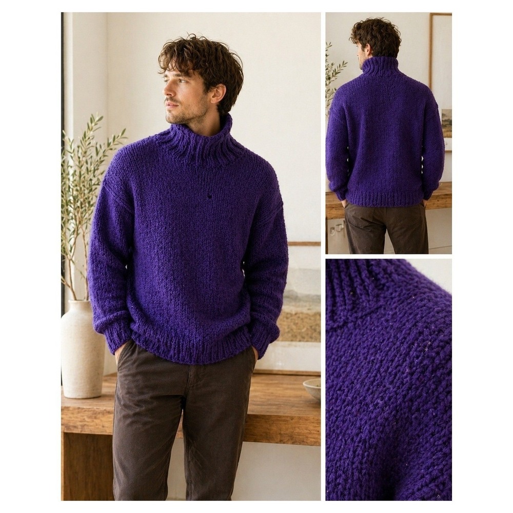 Turtleneck Sweater Hand Knit Purple Chunky Heavy Knit Cozy
